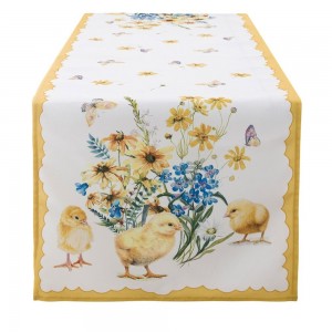 Textilný obrus - behúň v krásnej žlto-bielej farbe s dekorom kuriatok v schaby chic romantickom štýle 45 x 150 cm Blanc Maricló 42559