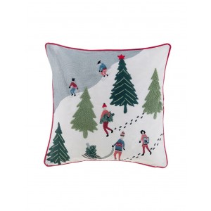 Textilný vankúš so zimným dekorom lyžiarov a červeným lemovaním 45 x 45 cm Blanc Maricló 42514