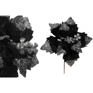 Umelá dekorácia čiernej vianočnej ruže so striebornými trblietkami 30 cm 38661