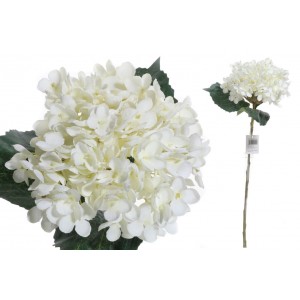 Umelá dekorácia hortenzie - Hydrangea v bielom farebnom prevedení na zelenej stonke s listami 52 cm 42764