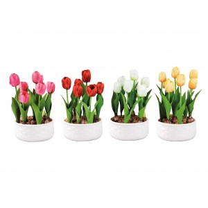 Umelá dekorácia tulipánov s listami v bielom kvetináči s výškou 32 cm v štyroch variantoch 39001