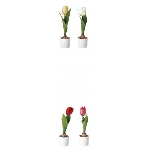 Umelá dekorácia tulipánu s listami v bielom kvetináči s výškou 25 cm v štyroch variantoch 39000