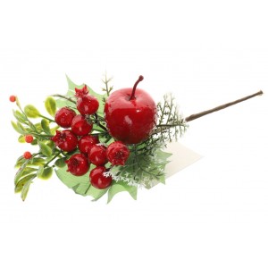 Umelá jesenná dekorácia vetvičky s červenými hlohmi,  jabĺčkom a zelenými listami 20 cm 38672