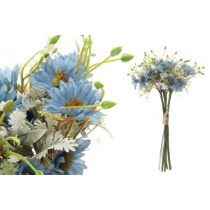 Umelá kytica modrých mini chryzantém na stonke s listami a inými dekoračnými prvkami 32 cm 35690