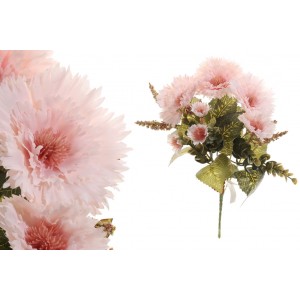 Umelá kytica ružových chryzantém na stonke s listami a inými dekoračnými prvkami 30 cm 35687