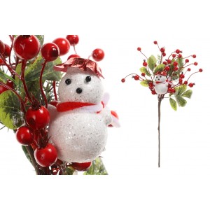 Umelá zimná dekorácia vetvičky s červenými guličkami, snehuliakom a listami 47 cm 38692