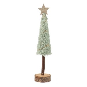 Vianočná dekorácia ako zelený textilný huňatý vianočný stromček na drevenom podstavci so zlatou hviezdou 28 cm 35833