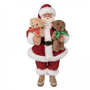 Vianočná dekorácia pastového Mikuláša v textilnom oblečení s dvomi medvedíkmi v náručí 16 x 8 x 28 cm Clayre & Eef 41362