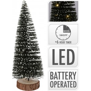 Vianočná dekorácia zasnežený vianočný stromček na drevenom podstavci s LED osvetlením 30 cm 38847
