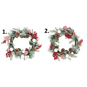 Vianočná dekorácia zimného venca so šiškami, bobuľami a inými dekoračnými vetvičkami s priemerom v dvoch prevedeniach 53 cm 41843