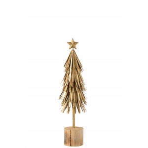 Vianočná dekorácia zlatého kovového vianočného stromčeka na drevenom podstavci 11 x 11 x 37 cm Jolipa 39191