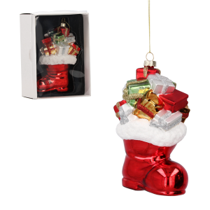 Vianočná sklenená závesná dekorácia čižmy s darčekmi v červeno-bielom farebnom prevedení 15 cm 40783