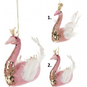 Vianočná textilná závesná dekorácia ako broskyňová alebo ružová labuť s korunkou a zlatými trblietkami v dvoch variantoch 15 cm 35794