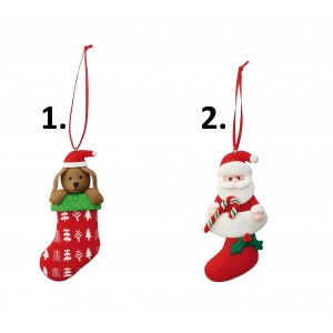 Vianočná závesná dekorácia hnedého psíka alebo Santa Clausa vo vianočnej ponožke 6,5 x 12 cm 41869