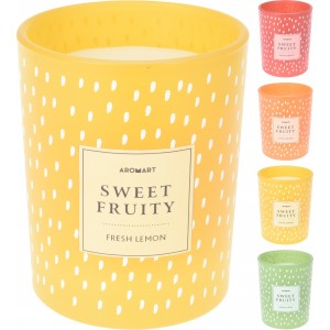 Vonná sviečka s vôňou ovocia v sklenenom pohári s bodkami v štyroch farebných prevedeniach 8 x 10 cm 35754