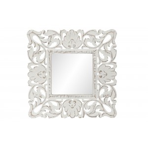 Vyrezávané drevené zrkadlo s bielou patinou vo vintage rustikálnom štýle 60 x 2 x 60 cm 37004