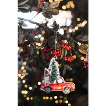 Kovová závesná dekorácia červeného vianočného autíčka so ...