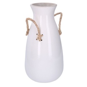 Masívna keramická biela váza alebo dekorácia s ľanovými rúčkami výška 40 cm 31619