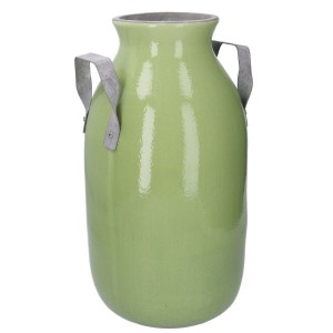 Masívna vysoká zelená keramická váza s kovovými rúčkami výška 47 cm 31623