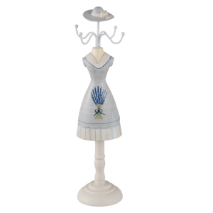Drevená béžová šperkovnica ako manekýna krajčírska panna v retro levanduľových šatách Clayre & Eef 24494