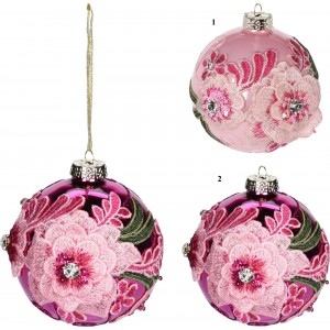Vianočná ružová sklenená guľa dekorovaná textilnými kvietkami 10cm 31966