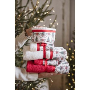 Bavlnená dekorácia textilného úložného vaku vo vianočnom dekore s tromi froté uteráčikmi Blanc Maricló 42520