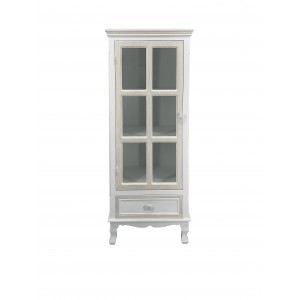 Biela drevená skrinka s jednou zásuvkou a so sklenenou vitrínkou s bielymi úchytmi 48 x 32 x 120 cm 37779