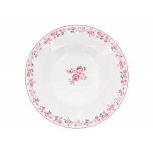 Biely porcelánový hlboký tanier s ružičkovým lemovaním a ružou v strede  vo vidieckom retro štýle o priemere 22 cm Isabelle Rose 35915