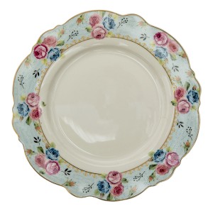 Biely porcelánový tanier so mentolovo-zlatým lemom a kvietkovaným vzorom Ø 28 x 2 cm Clayre & Eef 35628