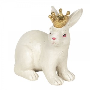 Biely sediaci zajačik z polyresinu so zlatou korunkou na hlave 12x7x11 cm Clayre-Eef 31332