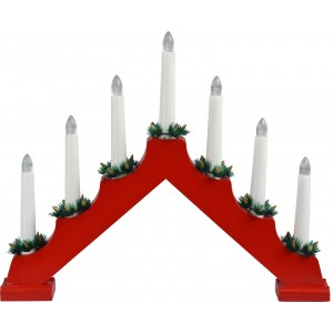 Dekoratívny drevený svietnik červenej farby v tvare mostu so sviečkami 39,5 x 5 x 31 cm 38854