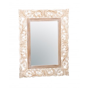 Drevené vyrezávané obdĺžnikové zrkadlo s bielou patinou vo vintage rustikálnom štýle 60 x 80 cm 39677
