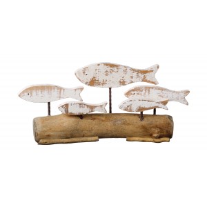 Dreveno-kovová hnedo-biela dekorácia rýb na drevenom podstavci v morskom štýle 39 x 12 x 19 cm 39731