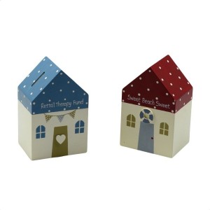Drevený plážový domček pokladnička s modrou alebo červenou strechou 9,5x7x14,8 cm 31582