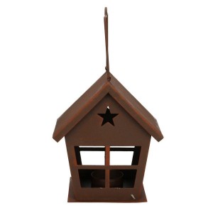 Hnedý kovový veľký lampáš ako domček so strieškou, okienkami a vyrezanou hviezdou s hrdzavým vzhľadom 35963