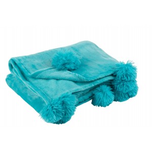 Huňatá deka v krásnej azúrovo modrej farbe s pomponmi na bokoch deky 170 x 130 37740