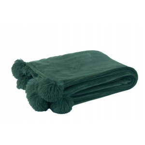 Huňatá deka v krásnej tmavozelenej farbe s pomponmi na bokoch deky 173 x 126 cm 37747