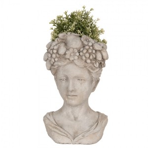 Kameninový kvetináč v sivom farebnom prevedení a v tvare hlavy ženy s dekorom ovocia 22 x 21 x 35 cm Clayre & Eef 43227