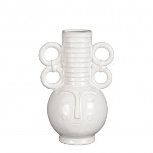 Keramická biela dekoratívna hladká váza v tvare hlavy s tvárou a uškami 16,5 x 13,5 x 25 cm 38247