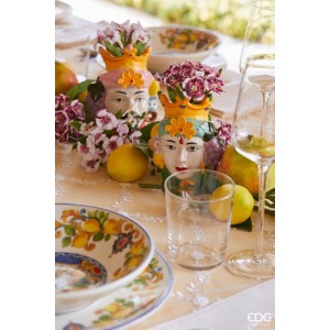 Keramická dekorácia vázy - kvetináča v tvare hlavy ženy alebo muža s dekorom ovocia a korunkou 17 cm EDG 42052