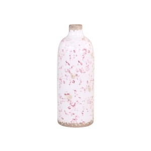 Keramická krémová fľaša s obitým vzhľadom s dekorom ružových kvietkov vo vintage štýle 31,5x11,5 cm Chic Antique 33765