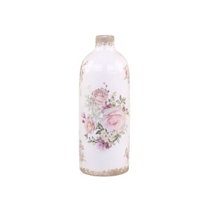 Keramická krémová fľaša s obitým vzhľadom s dekorom ružových kvietkov vo vintage štýle 31,5x11,5 cm Chic Antique 33770