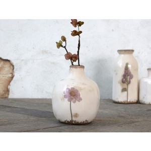 Keramická krémová váza s obitým vzhľadom s dekorom kvietkov vo vintage štýle 10 x 12,5 cm Chic Antique 41424