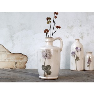 Keramická krémová váza s obitým vzhľadom s dekorom kvietkov vo vintage štýle 15,5 x 14 x 26 cm Chic Antique 41422
