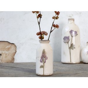 Keramická krémová váza s obitým vzhľadom s dekorom kvietkov vo vintage štýle 7,5 x 15,5 cm Chic Antique 41423