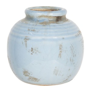 Keramická modrá váza glazovaná s vintage obitým vzhľadom 8 x 8 cm Clayre & Eef 35612