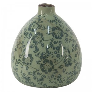 Keramická zelená váza s obitým vzhľadom s dekorom tmavozelených kvietkov vo vintage štýle 13 x 14 cm Clayre & Eef 36123
