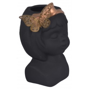 Keramický čierny kvetináč ako váza v tvare hlavy dievčatka s medenou mašľou a motýľom 19,8 x 12,5 x 14 cm 35505