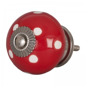 Keramický úchyt červeným s bodkovaným bielym vzorom ako gombík na zásuvku s priemerom 4 cm Clayre & Eef 36096