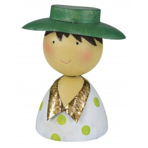 Kovová dekorácia ako hlava ženy s veľkým zeleným klobúkom a bodkovanou košeľou so zlatými goliermi 28 cm 36015